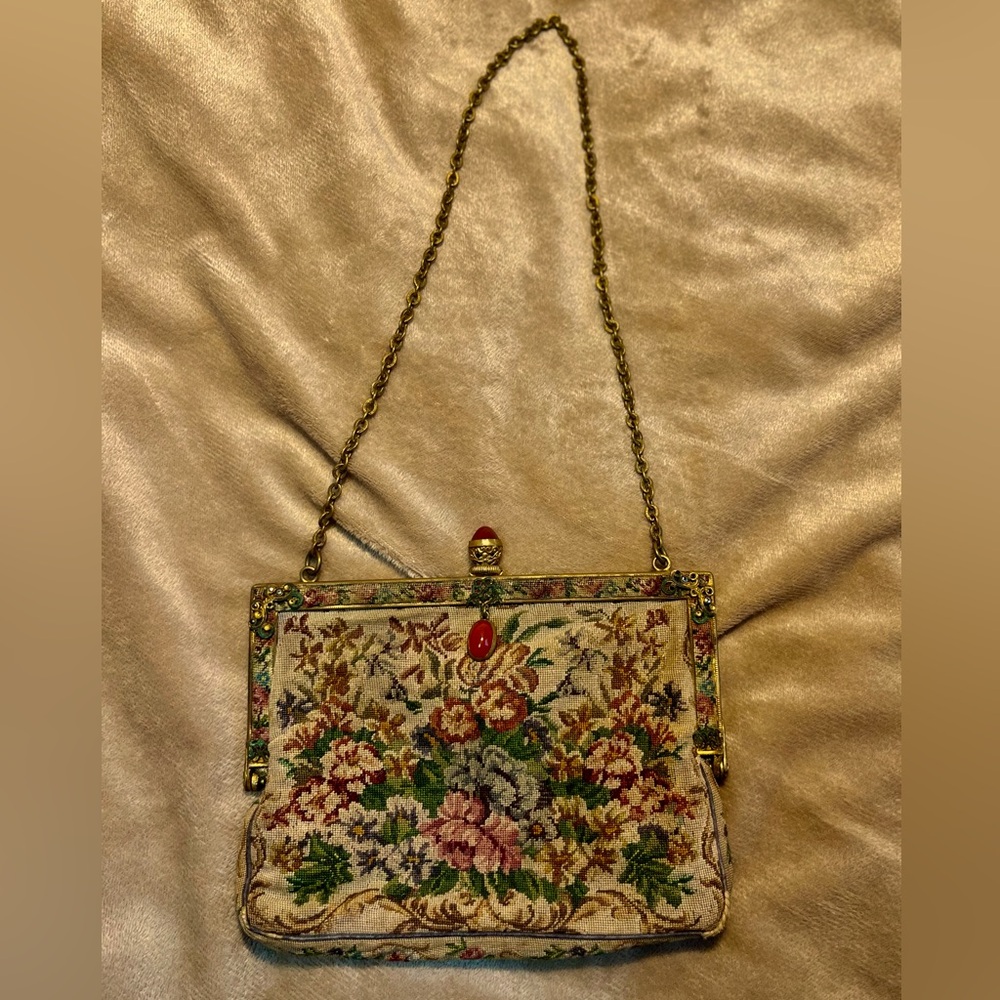 1920s Austrian petit point evening bag with carnelian acorn closure